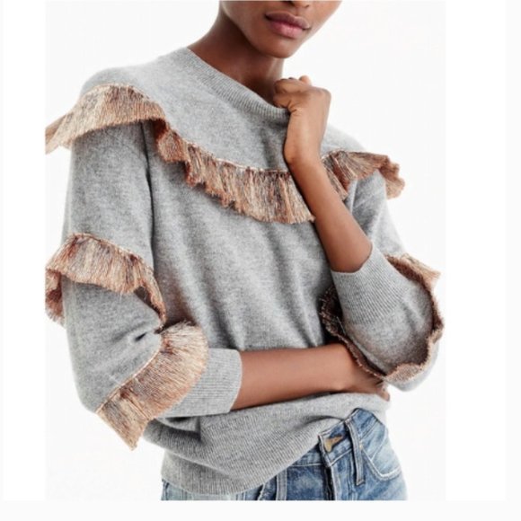J. Crew Grey Cashmere Sweater with Lamé Fringe Women's Size XXS - Picture 2 of 11